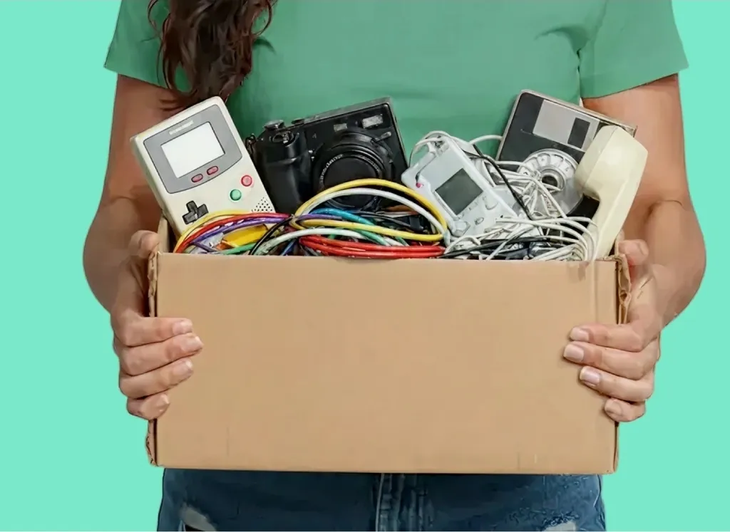 Imagem mostra mulher carregando caixa com eletrônicos usados